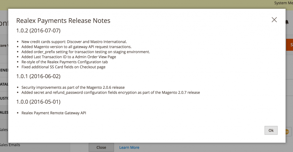 Realex Payments release notes popup